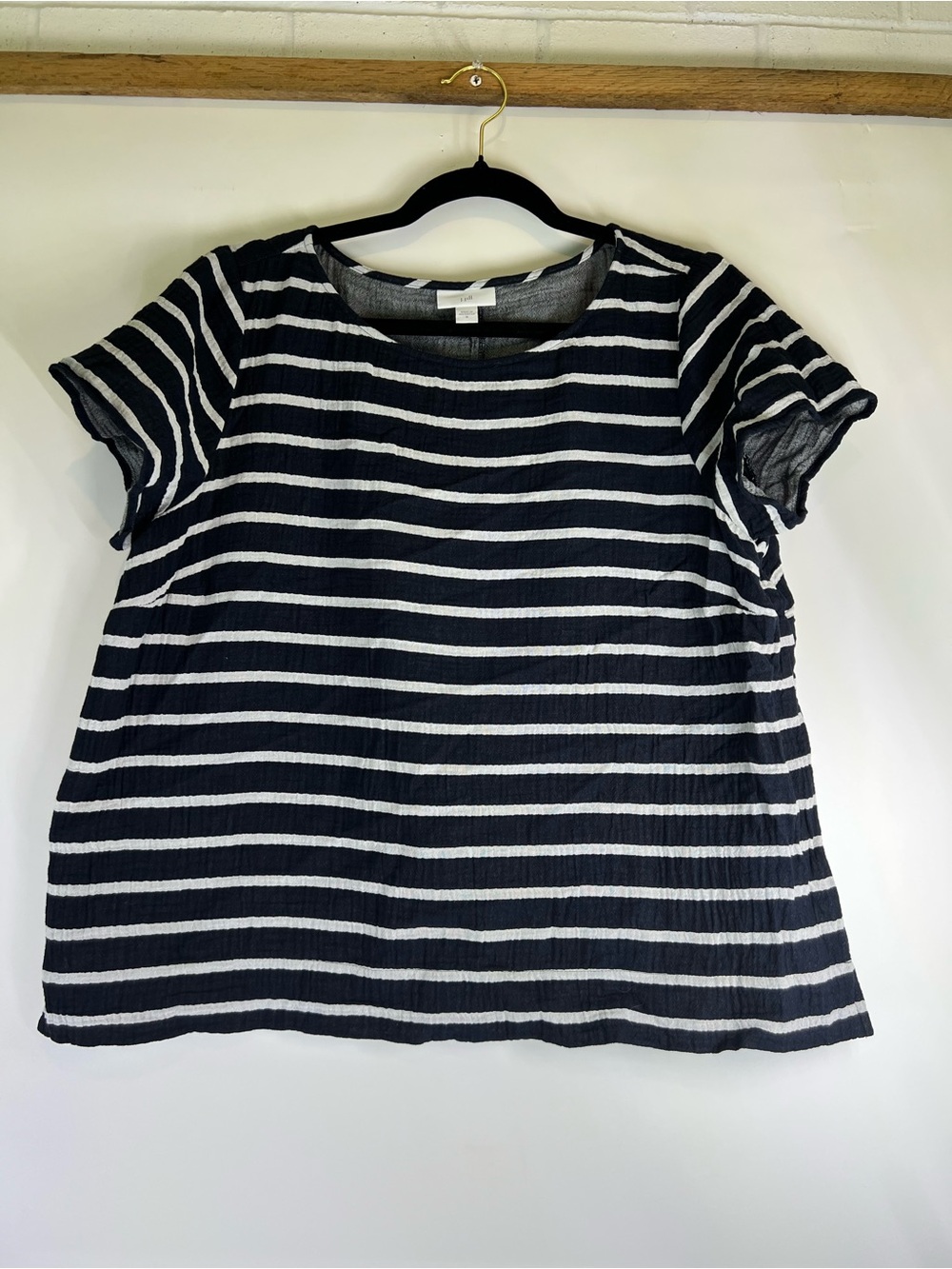 J. Jill Navy White Striped Short Sleeve Tee Top Medium Coastal Packable Gauze
